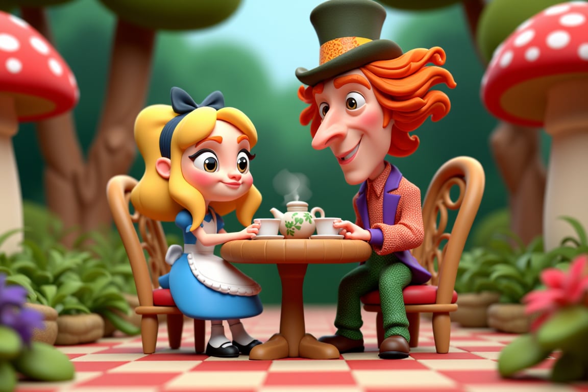 3D caricatures of Alice and the Mad Hatter in a whimsical garden. Alice, with her blonde hair and wearing a blue dress with a white apron, sits at a tea party table. The Mad Hatter, with wild hair and an oversized top hat, wears a colorful suit and holds a teapot. They are surrounded by oversized mushrooms and twisted trees, with a checkered ground beneath them. The scene is filled with quirky details and stylized elements, enhancing the fantasy atmosphere of Wonderland. 3D caricature, Alice, blonde hair, blue dress, white apron, Mad Hatter, oversized top hat, wild hair, colorful suit, teapot, teacups, whimsical garden, oversized mushrooms, twisted trees, checkered ground, tea party, quirky details, stylized