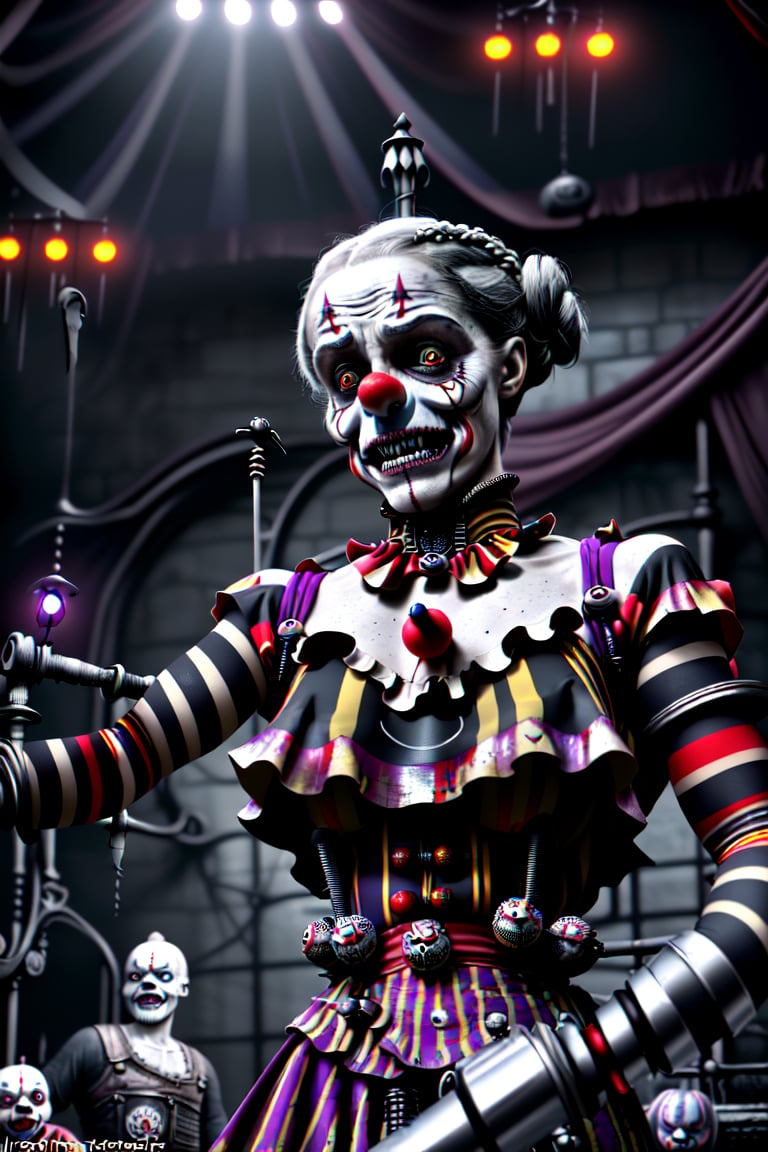 realistic natural light, hyper realistic, cinematic, cinematic light, best quality, high resolution, award winning photo 8k, 3d. 2 scary clowns with mechanical prosthetics in a freaky world circus of freaky monsters bloody knife,Game of Thrones,perfecteyes