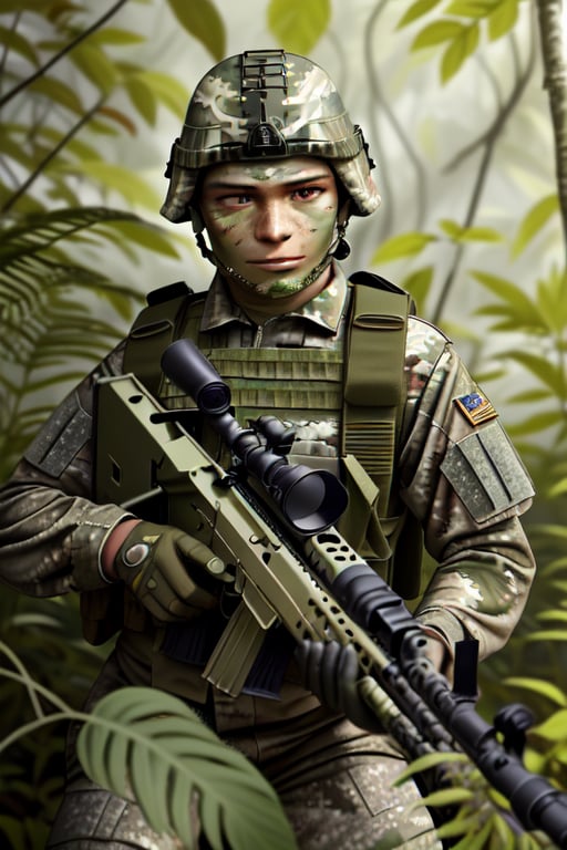 Perfect photo in daylight, ultra 8k quality, realistic colors, a camouflaged soldier in the jungle ready to shoot with a rifle, camouflage painted helmet with leaves, machine gun.hidden among the leaves