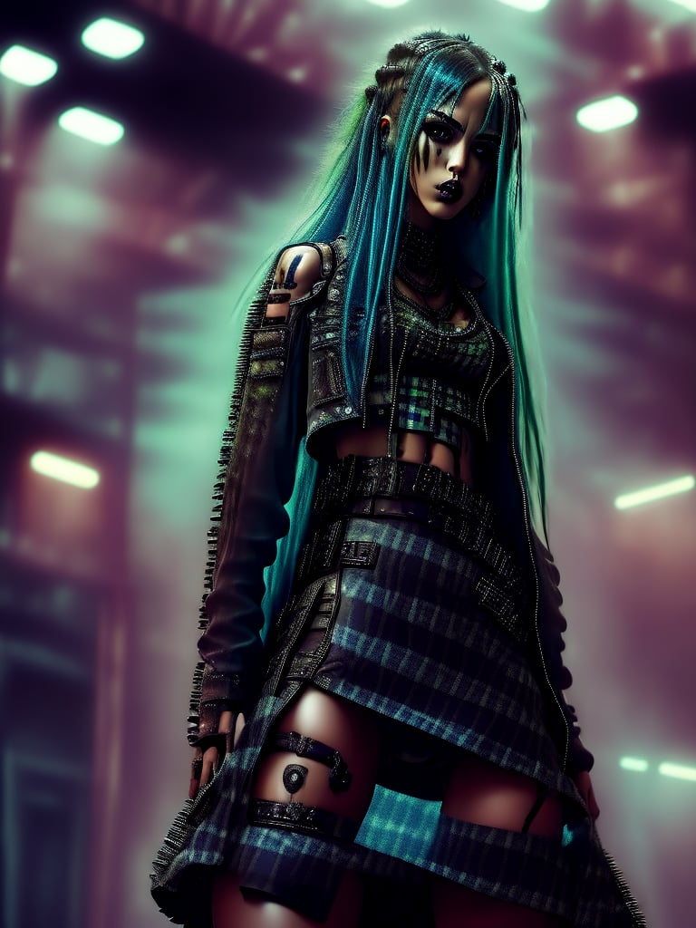 Diesel punk girl diesel punk girl long hair full body checkered miniskirt her panties are visible (lift up skirt) (blue checkered panties), (dress), contrapposto, (lift up skirt), ((panty shot)),