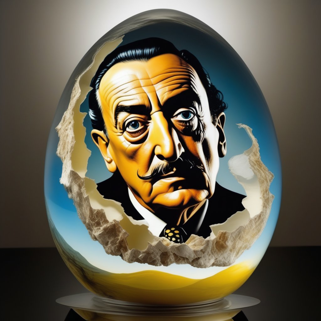 realistic photo best quality high definition salvador dali inside a transparent egg