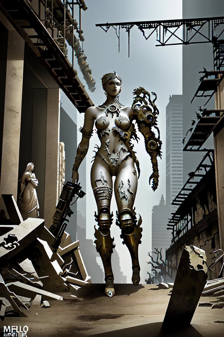 masterpiece, best quality, superior quality, intricate details, beautiful, aesthetic: 1.2 high quality, 8k, ruins, ((metal apollo statue,))
Ultra details, delicate and beautiful, real shadow. Diesel punk dystopian post apocalyptic world
landscape, post apocalyptic world, wasteland, game concept, concept art, jungle, city, dark art, destruction, details, cinematography