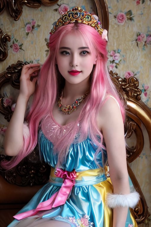 RAW photo, extreme closeup portrait photo from the front of a (solo:1.4) pale, 18y.o scene girl with a (perfect face:1.2), rainbow-colored poofy hair, wearing an (ornate scene outfit), sitting in her bed with a pile of plushies, in a colorful room with pink wallpaper and pictures on the walls, natural skin, sunlight from the window, 8k uhd, high quality, film grain, Fujifilm XT3 , 