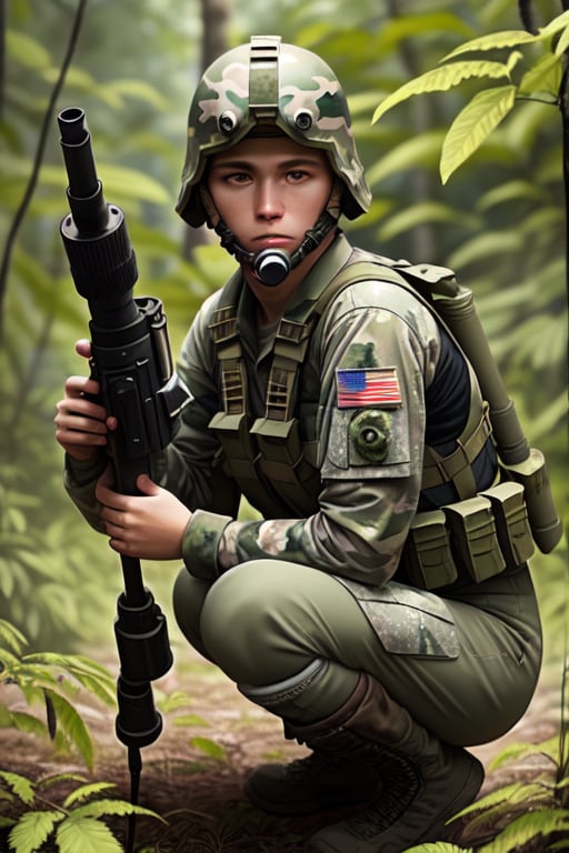 Perfect photo in daylight, ultra 8k quality, realistic colors, a camouflaged soldier in the jungle ready to shoot with a bazooka camo painted helmet with leaves, bazooka hidden among the leaves crouched