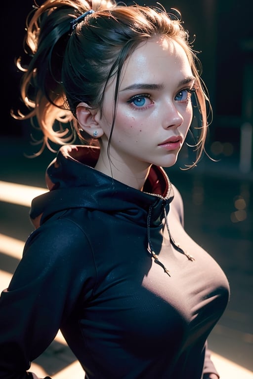 Photography of a petite woman, beautiful gorgeous face, ((upper body)), (18 years old), (wearing tight hoodie), cute, ((detailed blue eyes)), perfect body, cinematic lighting, bokeh, 8k, uhd, soft shadows, masterpiece, (very detailed face lips eyes),(((round small boobs))), long brunette hair, high ponytail, ((extremely proportion)), ((hyper detailed)), ((photorealistic)), ((absolutely gorgeous face)), with pokies, pokies,sks woman