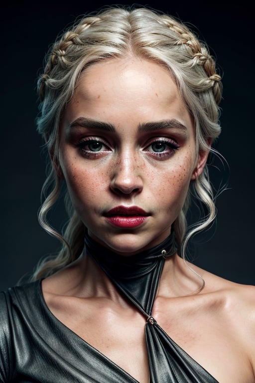 ultra_resolutnion, green_eyes, red_lipstick, choker, beautiful face, pale skin, perfect_anatomy, realistic eye and face details, ultra high res, 4K, Best quality, masterpiece, freckles, sexy, full body, overknees, high_heels, game of thrones, Daenerys Targaryen, Emilia Clarke