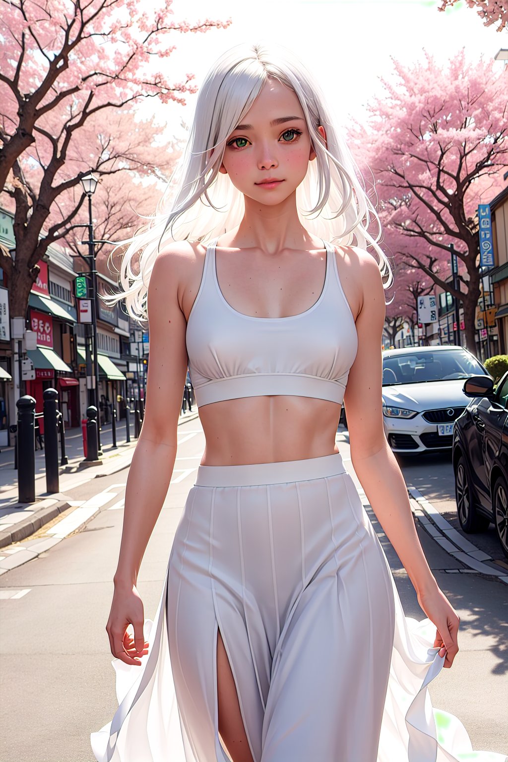 small white sports bra, cute white skirt, ((tiny boobs:1.1)),
(real-looking-skin), (cute features), (green eyes), blushing,
((slim fit body)), (real-looking-eyes-iris),
natural cinematic lighting,
walking down the main street in japan with cherry trees blooming pink and sun behind head giving good lighting wind blowing under skirt lifting it with long white hair with green ribbons in it,
((professional photo highly defined)), 
white hair, green ribbons,
realistic, best quality, photo-realistic,
8k, best quality, masterpiece, realistic, photo-realistic, nfsw, perfect small boobs, long skirt,
