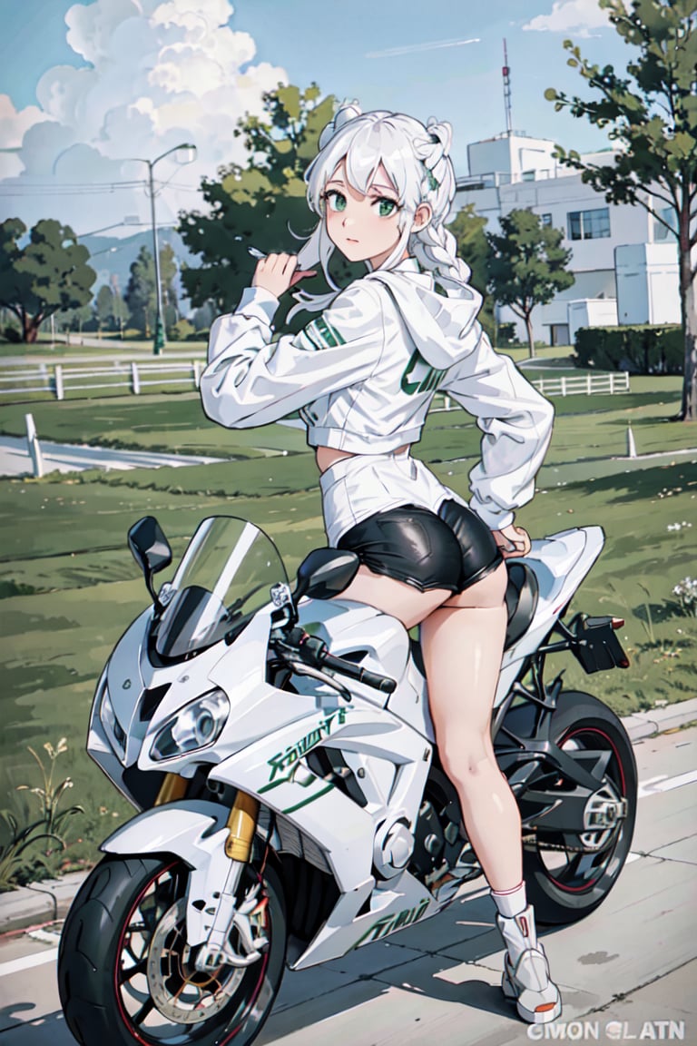 1girl, (riding bike away from camera), looking back, nice round butt, racetrack, (white motorbike), (white sport bike), (white hair), cute pose, braids on boths sides, flat chested, white_hair, long hair, (white and green racing one piece outfit), full body, futiristic, alone, yhmotorbike,yhmotorbike,mecha