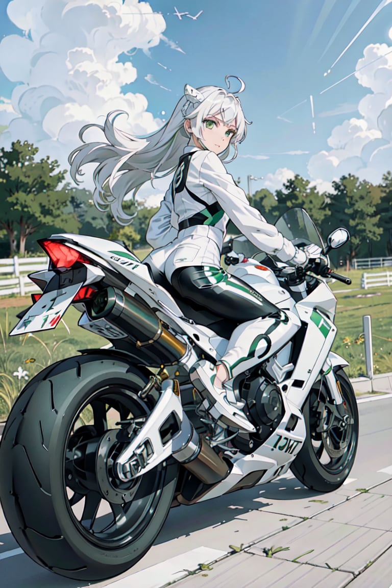 1girl, motion shot, racing pose, (wind blowing back), (hair blowing in wind), (white and green racing one piece outfit), (speed streaks), (riding bike away from camera), looking back, nice round butt, racetrack, (white motorbike), (white sport bike), (white hair), cute features, braids on boths sides, flat chested, white_hair, long hair, full body, futiristic, alone, yhmotorbike,yhmotorbike,mecha