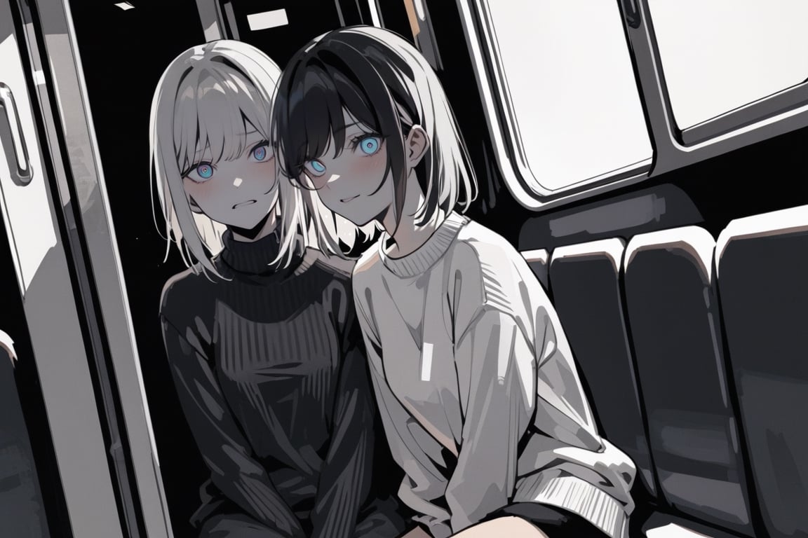 masterpiece, in the style of a digital manga in colour, high contrast, colour, detailed background,
centered medium shot:0.7, zoomed out,, full body,
2girls, sitting next to eachother, against wall, sitting on bus, buss interior background, 1girl wearing black sweater and short hair, 1girl wearing white sweater and long hair, inside subway train
