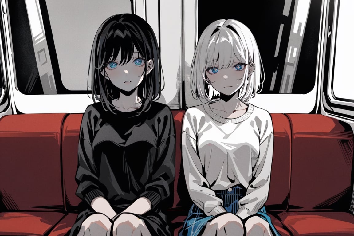 masterpiece, in the style of a digital manga in colour, high contrast, colour, detailed background and two girls,
centered medium shot:0.7, medium shot view of towgirls sitting next to eachother on the train, two girls wearing casual wear, 1girl with long hair, 1girl with short hair