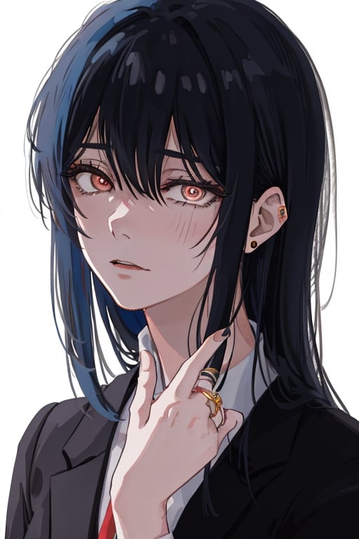 masterpiece, best quality, ((close-up of face, ringed eyes)), (sweating, very nervous expression, making peace sing with hand), medium shot, standing, 1girl, solo, negative space, ((simple white background, white background)), a girl in a school uniform, half-closed eyes, detailed eyelashes, sharp eyes, dark royal blue hair, medium length hair, hair behind ear, side bangs, black blazer, simple, facing viewer, manga illustration style, bangs, 
,makima