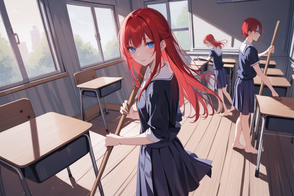 inside a classroom, girl vaccuming, standing, barefoot, red hair, pretty, blue eyes, sweeping:1, buslting NPSs, in background, classmates
