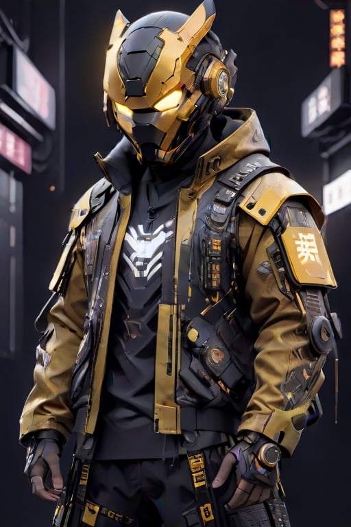 (masterpiece, best quality:1.5), man, jacket, samurai mask, blackpanther mask, ironman , led around the helmet, dark face, combination color of black and yellow, cargo pants, nike sneakers, tech streetwear, look on viewer, japanese word on armor, pixel style, central view, scary, hues, Movie Still, cyberpunk, cinematic scene, intricate mech details, ground level shot, 8K resolution, Cinema 4D, Behance HD, polished metal, shiny, data,cyberpunk style,cyborg,TechStreetwear,<lora:659095807385103906:1.0>