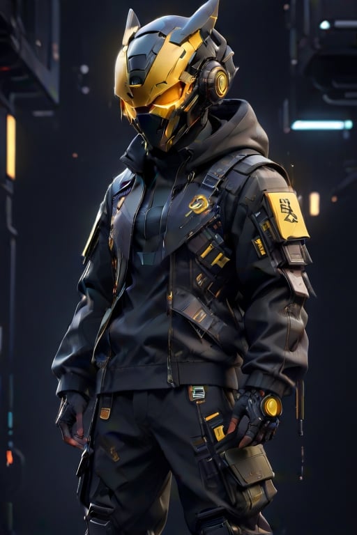 (masterpiece, best quality:1.5), man, jacket, hoodie , cyberpunk mask ,techwear, techwearmask, tactical mask, gundam mask, blackpanther mask, captain mask, led around the helmet, dark face, combination color of black and yellow, cargo pants, nike sneakers, look on viewer, japanese word on armor, pixel style, central view, scary, hues, Movie Still, cyberpunk, cinematic scene, intricate mech details, ground level shot, 8K resolution, Cinema 4D, Behance HD, polished metal, shiny, data,cyberpunk style,cyborg,<lora:659095807385103906:1.0>