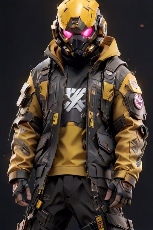 (masterpiece, best quality:1.5), man, jacket, peter quill mask, captain america mask, antman mask, led around the helmet, dark face, combination color of black and yellow, cargo pants, nike sneakers, tech streetwear, look on viewer, japanese word on armor, pixel style, central view, scary, hues, Movie Still, cyberpunk, cinematic scene, intricate mech details, ground level shot, 8K resolution, Cinema 4D, Behance HD, polished metal, shiny, data,cyberpunk style,cyborg,TechStreetwear,<lora:659095807385103906:1.0>