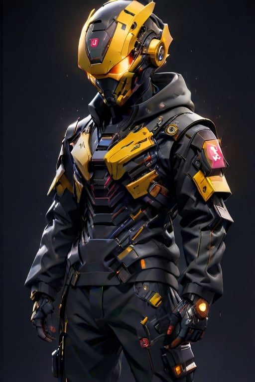 (masterpiece, best quality:1.5), man, jacket, hoodie , cyberpunk mask, evangelion mask ,ironman mask, robotic mask,robot, led around the helmet, dark face, combination color of black and yellow, cargo pants, nike sneakers, look on viewer, japanese word on armor, pixel style, central view, scary, hues, Movie Still, cyberpunk, cinematic scene, intricate mech details, ground level shot, 8K resolution, Cinema 4D, Behance HD, polished metal, shiny, data,cyberpunk style,cyborg,<lora:659095807385103906:1.0>