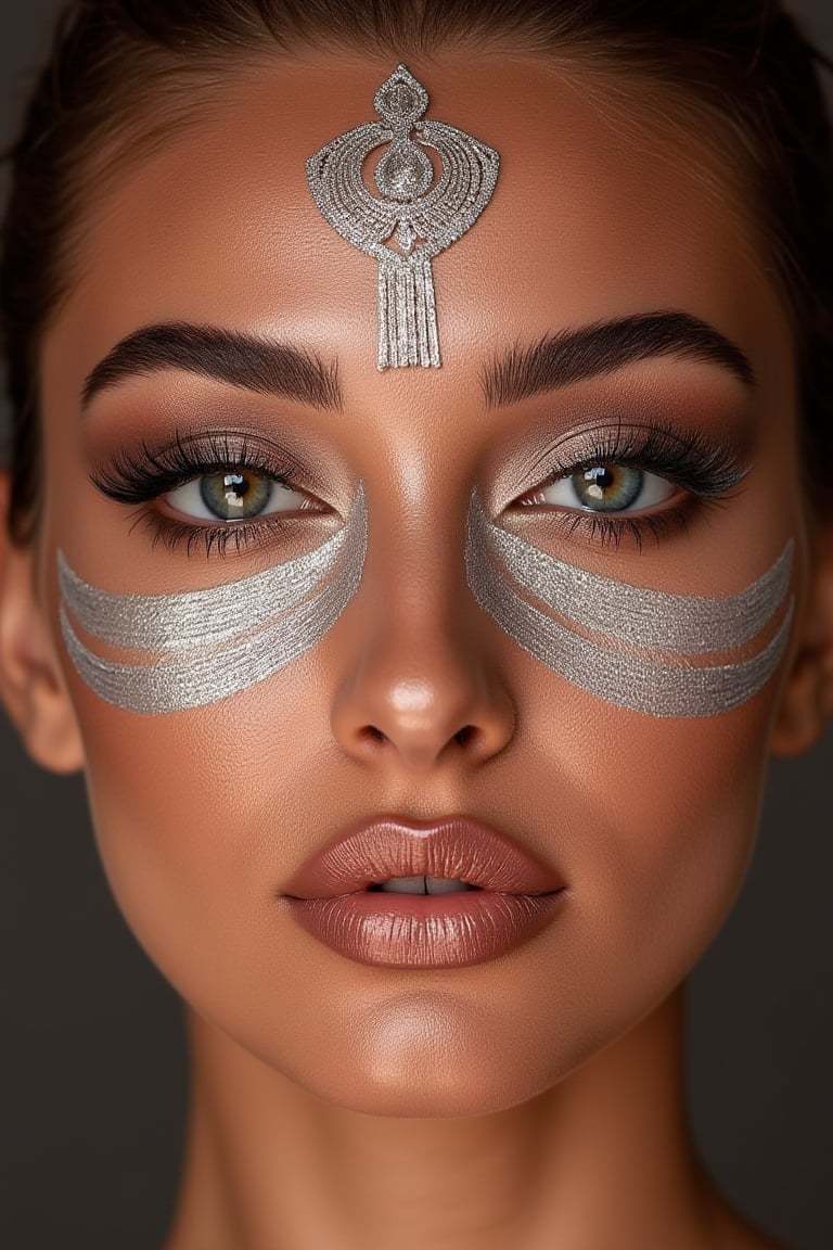 A stunning close-up shot captures the essence of a captivating Arabian woman. Her flawless, symmetrical face is adorned with exquisite Egyptian-inspired makeup, showcasing fantastic details from forehead to chin. Thick, fancy silver makeup accents her eyes, cheeks, and lips, radiating glamour and sophistication. The pop art-style beauty shines, exuding confidence and allure.