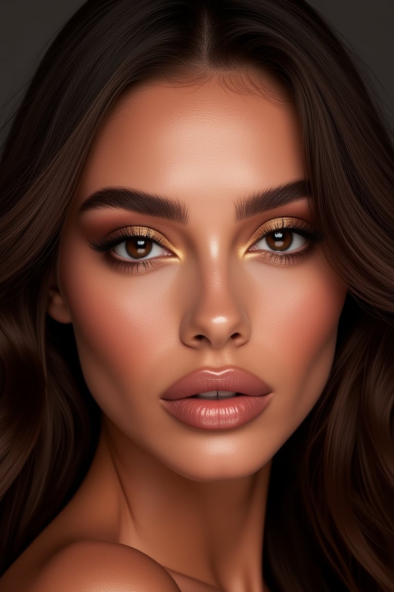 A stunning close-up of a Caucasian woman with luscious long hair, exuding elegance. Her flawless face is adorned with detailed beauty features, subtle retouching adding to her allure. A symphony of gold and black makeup accentuates her dark brown eyes, creating a mesmerizing gaze. The subject's youthful features are highlighted by the soft, even lighting, framing her beautiful full-face shot.