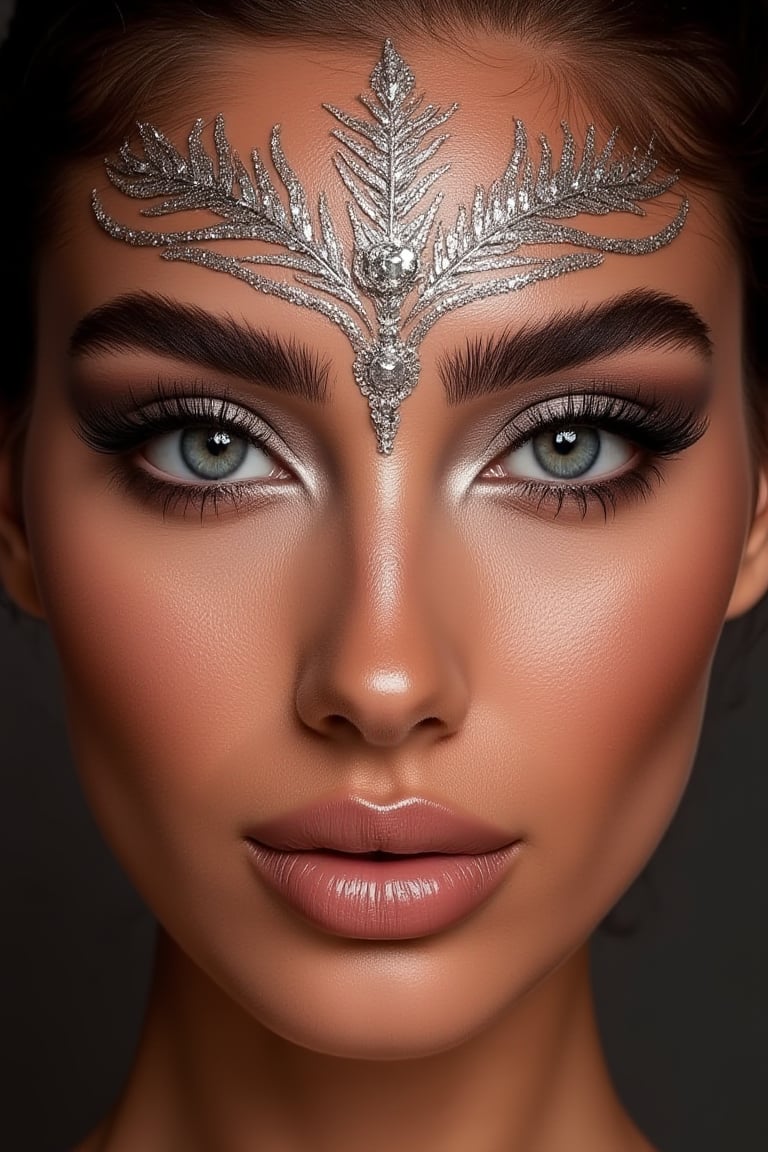 a close up of a woman with silver makeup, fantastic details full face, egyptian makeup, stylized make-up on face, egypt makeup, detailed face of an arabic woman, symmetrical face details, glam make-up, pop makeup style, beauty woman with detailed faces, beautiful full face, stylish make up, thick fancy makeup