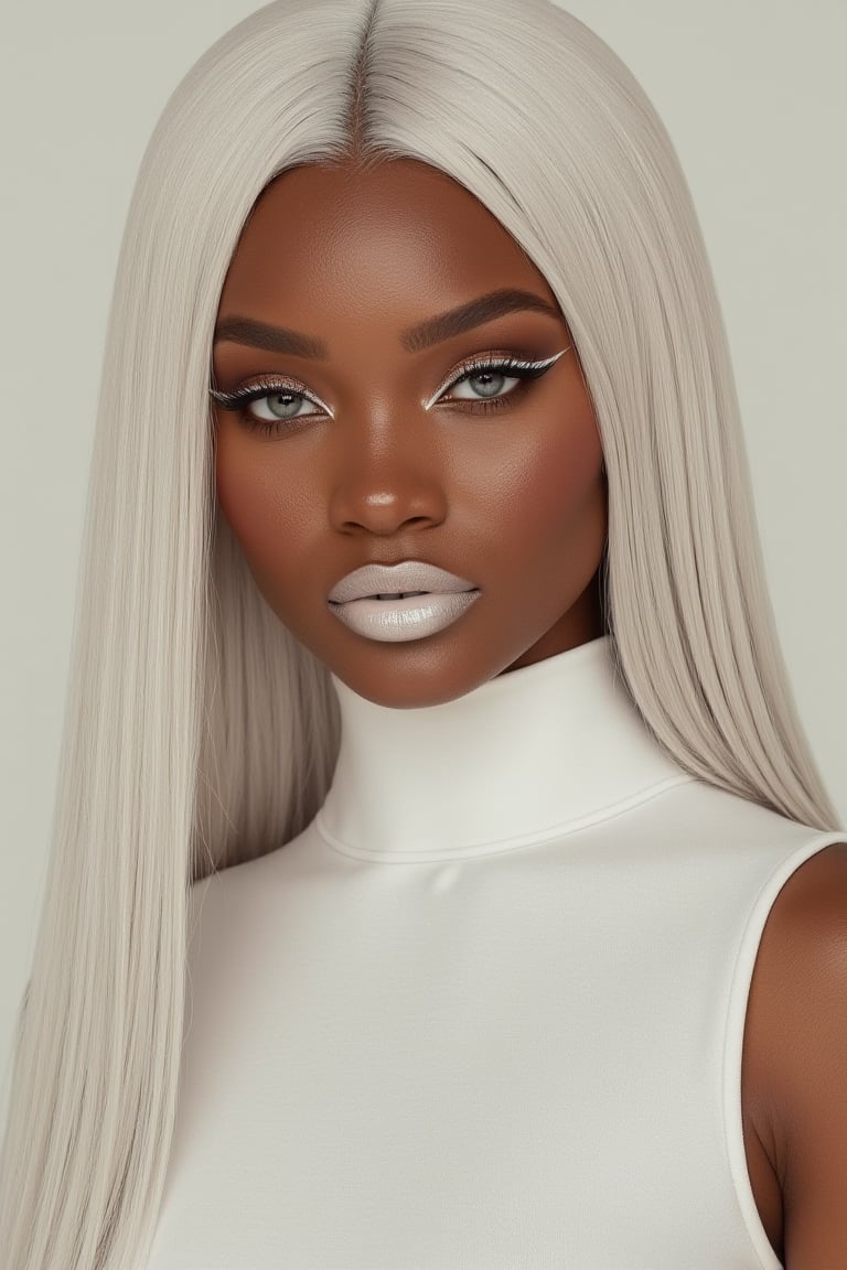 (Best quality, 8k, 32k, Masterpiece, UHD:1.2), portrait of a gorgeous afroamerican, posing for a fashion magazine white gloss lipstick, wearing a white turtleneck couture dress, white lipstick , ((Fancy white make up, white eyeshadow, long fancy eyeliner,)) face glitter, (platinum dyed straight hair), and attractive features, looking at viewer, eyes, eyelid, leashes, eyes contact, focus, depth of field, film grain, serious, ray tracing, sunset, ((contrast lipstick)), detailed natural real skin texture, perfect straight platinum dyed hairstyle ,visible skin pores, anatomically correct