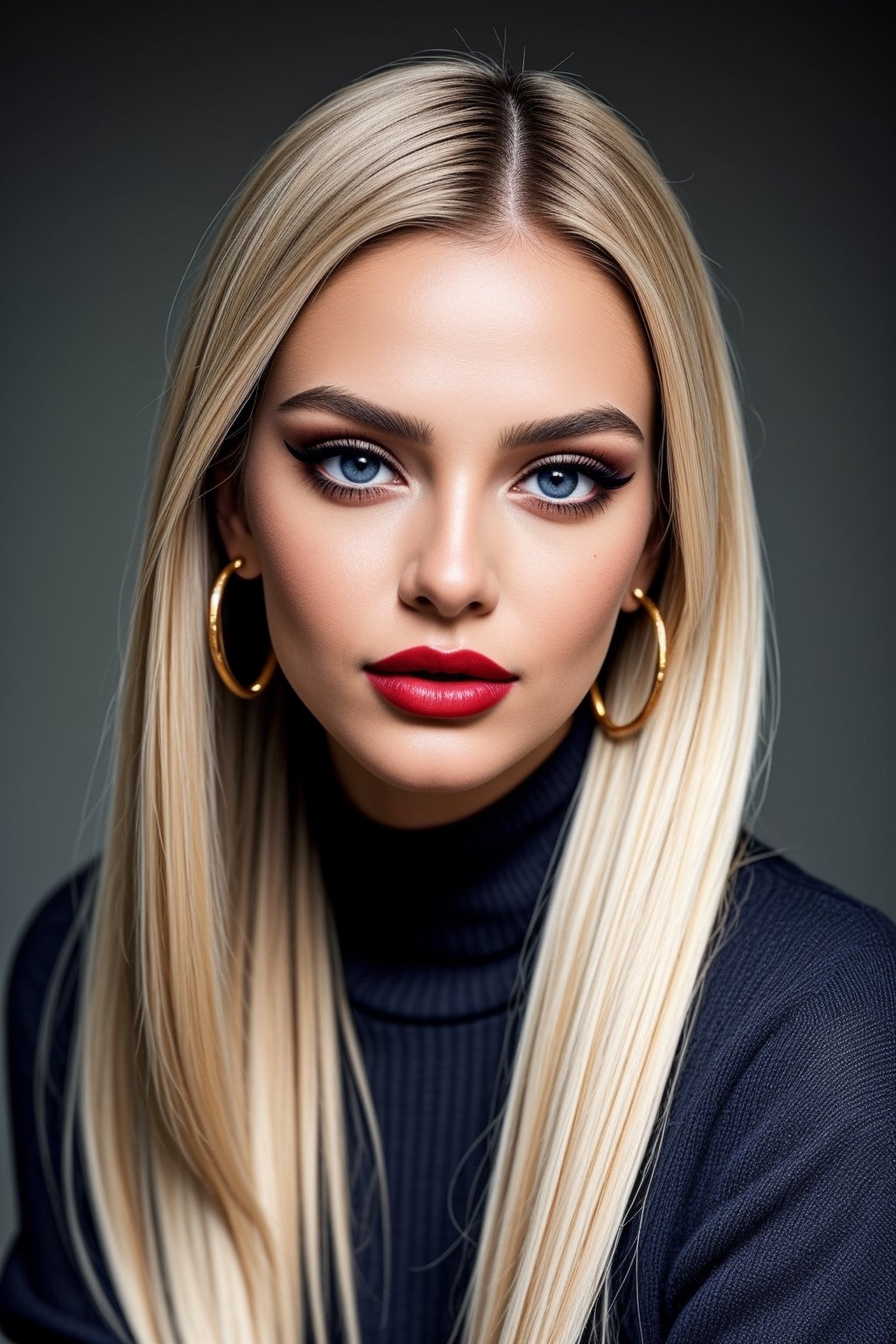 (Best quality,  8k,  32k,  Masterpiece,  UHD:1.2), half body photography of a woman in a sweater posing for a picture, (blue_eyes), red glossy lipstick, long eyeleashes, earrings, double eyelid, detailed eyes, detailed facial, detailed natural real skin texture, visible skin pores,  wide open smile, Red gradient eyeshadows, long black eyeliner, seductive mouth, brown sweater, grey skirt, sitting on a mocha colored table, 20s perfect body perfect, seductive, skinny, blond platinum straight hairstyle (straight blond hair, long luxurious blond hair, with long blond hair highly detailed), depth of field, film grain, detailed natural real skin texture, visible skin pores, anatomically correct, (PnMakeEnh),(hairdress),,,<lora:659111690174031528:1.0>