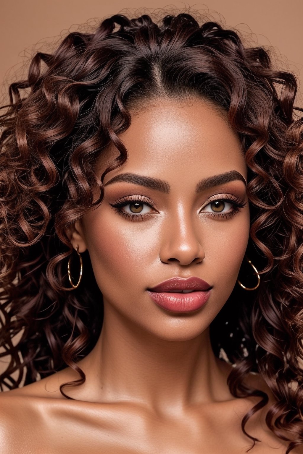 Best quality, 8k, 32k, Masterpiece, UHD:1.2), gorgeous woman, afro american ,posing for a picture, wearing a dress. medium breast, and attractive features, looking at viewer, eyes, blush,  mascara, eyeliners, eyeshadows, eyes contact, focus, depth of field, film grain, ray tracing, red glossy lipstick, detailed natural real skin texture, professional makeup, long curly hair, dark blond dyed curly hair. extreme long curly hair, visible skin pores, anatomically correct,(PnMakeEnh),,,<lora:659111690174031528:1.0>