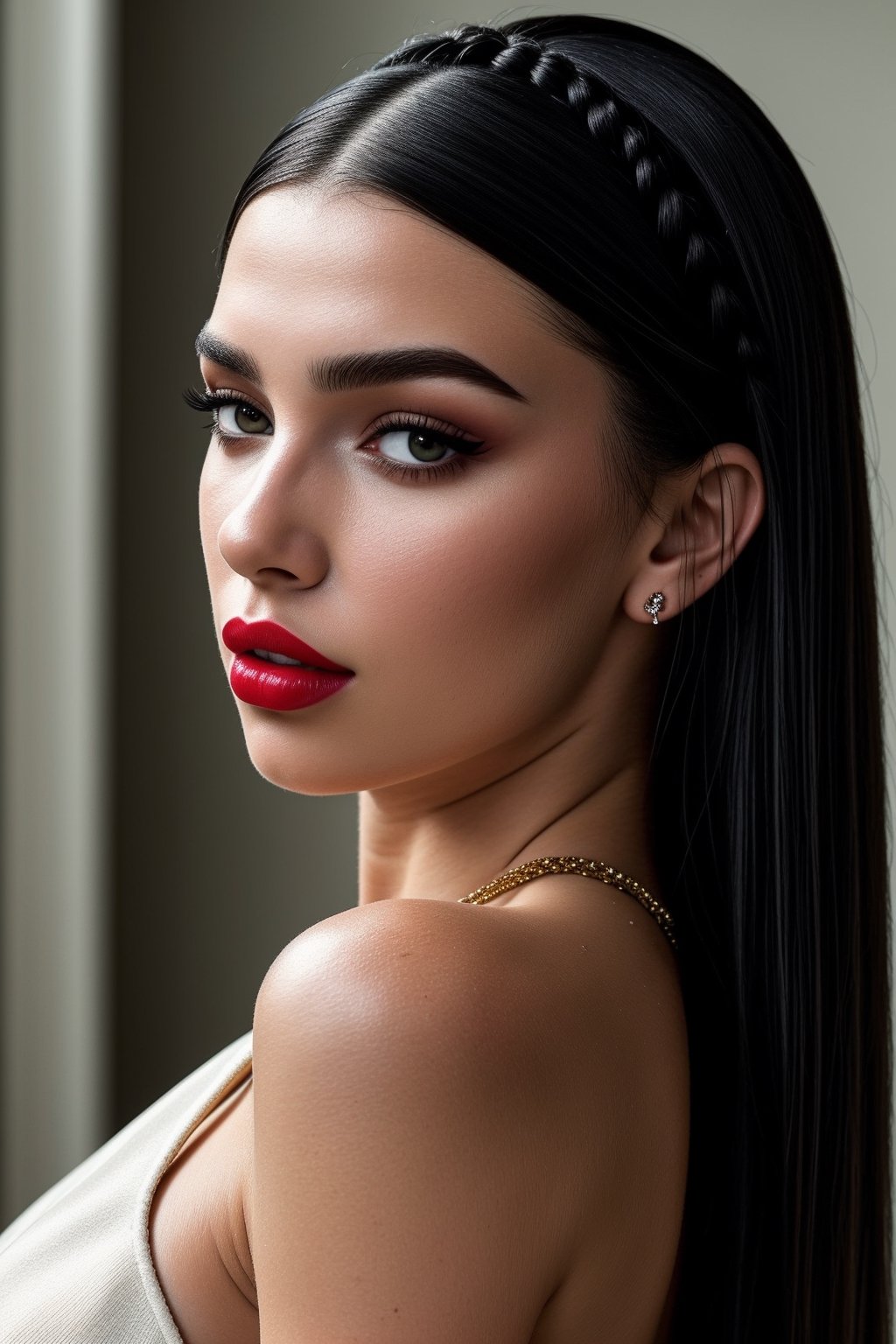 hyper realistic close up of Dua Lipa in a small room, with long hair, sexy face with full makeup, long braided hair on top of head, (long braided brunette hair), wet make up, still from a music video, bare shoulders, beautiful makeup, buxom, tiktok 4 k uhd image, wearing a chain, full makup, wearing a low cut dark green velvet tanktop, realistic female face (hybrid of dua lipa, soft beautiful face, detailed face, high detailed lips, red lipstick, accurate sharp eyes), (8k uhd, absurdres, best quality, uhd, octane render, ultrarealistic texture, ultrarealistic, ultradetailed, ultradetailed eyes, intricate details, photorealistic, hyperdetailed):1.5,(PnMakeEnh),(hairdress),<lora:659111690174031528:1.0>