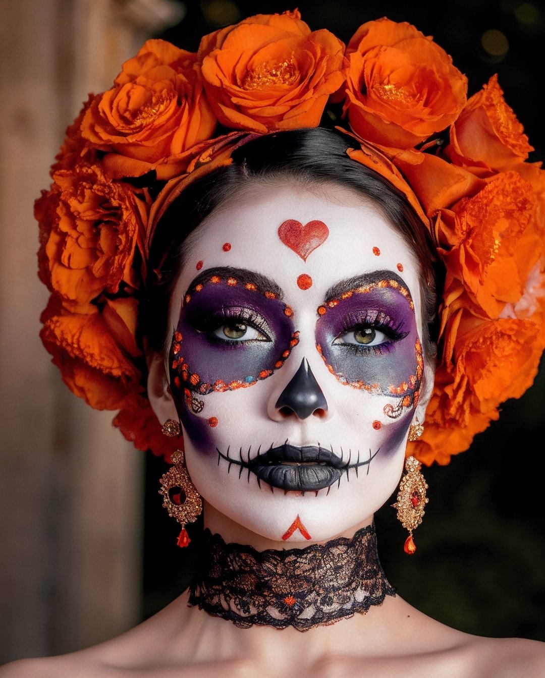 (Best quality, 8k, 32k, Masterpiece, UHD:1.2),  full body potrait of a woman with Catrina makeup, dia de los muertos, white make up, orange, black makeup, emulating a skull with the make up, orange flowers as ornament in hair, many orange flowers, wearing a gown,  and attractive features, eyes, eyelid,  focus, depth of field, film grain,, ray tracing, ((contrast lipstick)), slim model, detailed natural real skin texture, visible skin pores, anatomically correct, night, cemetary background,  Catrina,(PnMakeEnh)
