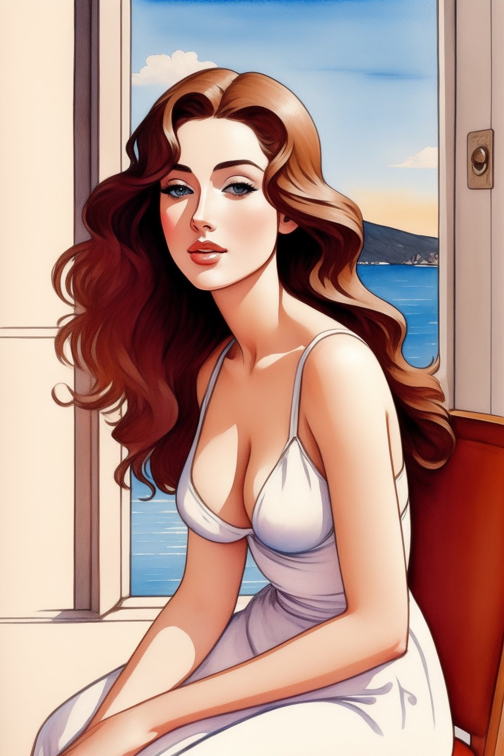 (nostalgic) (Sad), full body drawing of a 30s woman sitting at a window still,  looking at a greek town by the sea,  pretty face,  milo manara style,  milo manara h 1 2 0 0,  manara,  detailed colored face with watercolors,  anatomically correct, illiustration style of manara,  painted in watercolor,  impressive. create such great beauty with effective technique. shadows,  light,  shades of color providing depth,  all of this,  makes the illiustration art so vivid,  and exalts the female figures. it is remarkable how in this image natural scenarios that act as a background for the sensual protagonist of the illustration: water,  sun,  wind,  underline the "en plein air" impressionist vein of the bodies modeled by brushstrokes,  body lines are drawn by deep black wet watercolor,  colorized with delicate light pastel watercolors tones,  illustration is unfinished and plain white at edges of the image, Ptcard