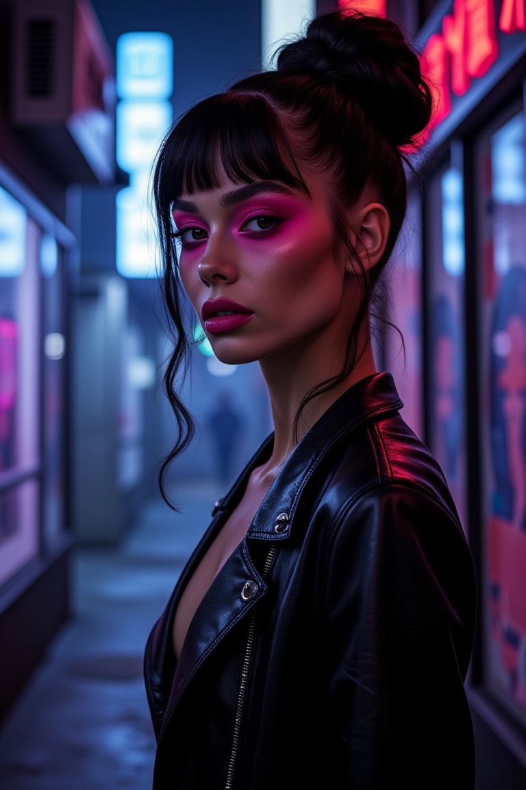 A dimly lit alleyway, neon hues from holographic advertisements casting a soft glow on a mysterious woman's striking features. She stands tall, piercing eyes and bold lips painted with neon pink lipstick and pink neon eyeshadows drawing attention. Her avant-garde hairstyle and cyberpunk-inspired makeup accentuate her angular face amidst the eerie haze of urban decay.