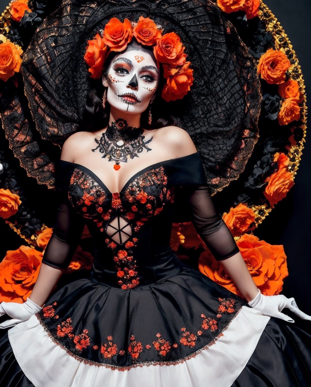 (Best quality, 8k, 32k, Masterpiece, UHD:1.2),  full body potrait of a woman with Catrina makeup, dia de los muertos, white make up, orange, black makeup, emulating a skull with the make up, orange flowers as ornament in hair, many orange flowers, wearing a gown, gloves  and attractive features, eyes, eyelid,  focus, depth of field, film grain,, ray tracing, ((contrast lipstick)), slim model, detailed natural real skin texture, visible skin pores, anatomically correct, night, cemetary background,  Catrina,(PnMakeEnh)