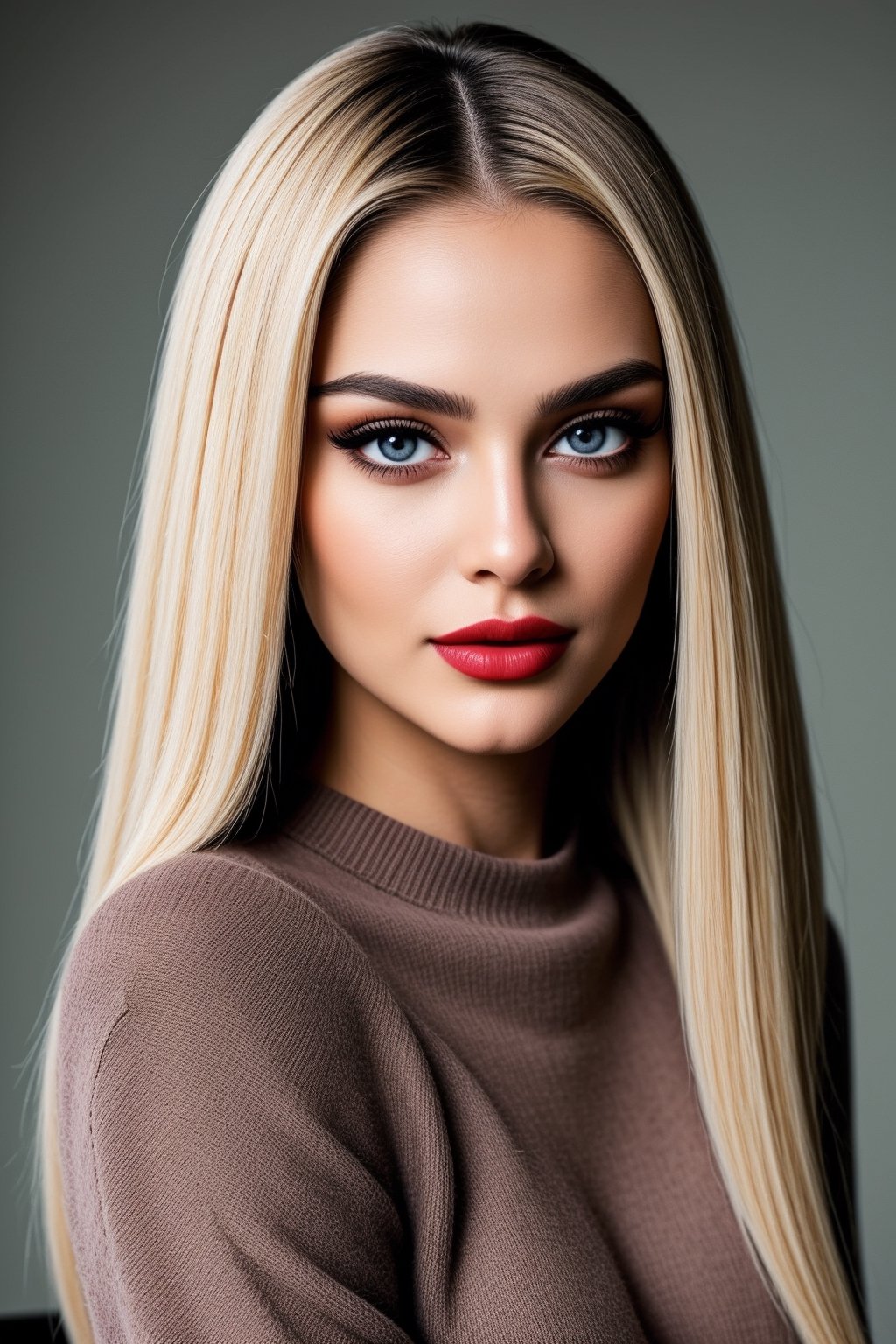 (Best quality,  8k,  32k,  Masterpiece,  UHD:1.2), half body photography of a woman in a sweater posing for a picture, (blue_eyes), red glossy lipstick, long eyeleashes, earrings, double eyelid, detailed eyes, detailed facial, detailed natural real skin texture, visible skin pores,  wide open smile, Red gradient eyeshadows, long black eyeliner, seductive mouth, brown sweater, grey skirt, sitting on a mocha colored table, 20s perfect body perfect, seductive, skinny, blond platinum straight hairstyle (straight blond hair, long luxurious blond hair, with long blond hair highly detailed), depth of field, film grain, detailed natural real skin texture, visible skin pores, anatomically correct, (PnMakeEnh),(hairdress),,,<lora:659111690174031528:1.0>