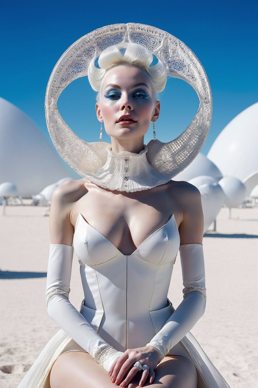 (Best quality, 8k, 32k, Masterpiece, UHD:1.2),   a woman that is sitting on a chair, woman in white, fashionable futuristic woman, modeling photograph kerli koiv, karol bak uhd, white cyborg fashion shot, inspired by Ray Caesar, retro futuristic fashion, natalie shau tom bagshaw, high fashion fantasy, fashion photography, DreamOn