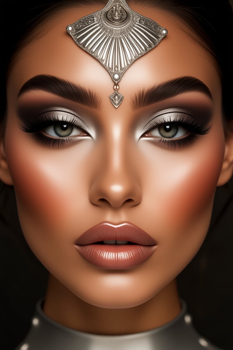 A stunning close-up shot captures the essence of a captivating Arabian woman. Her flawless, symmetrical face is adorned with exquisite Egyptian-inspired makeup, showcasing fantastic details from forehead to chin. Thick, fancy silver makeup accents her eyes, cheeks, and lips, radiating glamour and sophistication. The pop art-style beauty shines, exuding confidence and allure.