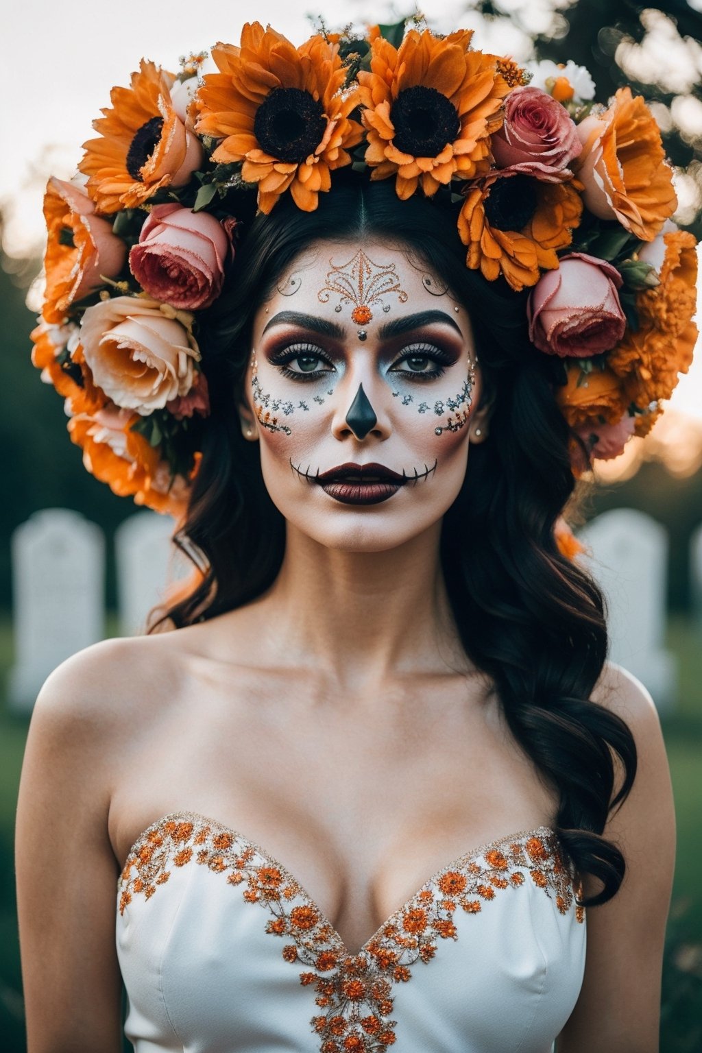 (Best quality, 8k, 32k, Masterpiece, UHD:1.2),  full body potrait of a woman with Catrina makeup, dia de los muertos, white make up, orange, black makeup, emulating a skull with the make up, orange flowers as ornament in hair, many orange flowers, wearing a gown,  and attractive features, eyes, eyelid,  focus, depth of field, film grain,, ray tracing, ((contrast lipstick)), slim model, detailed natural real skin texture, visible skin pores, anatomically correct, night, cemetary background,  Catrina,(PnMakeEnh)