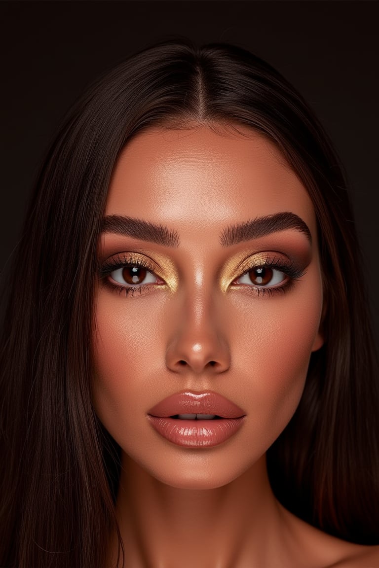 A stunning close-up of a Caucasian woman with luscious long hair, exuding elegance. Her flawless face is adorned with detailed beauty features, subtle retouching adding to her allure. A symphony of gold and black makeup accentuates her dark brown eyes, creating a mesmerizing gaze. The subject's youthful features are highlighted by the soft, even lighting, framing her beautiful full-face shot.