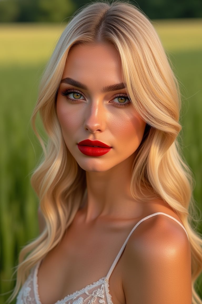 Masterpiece UHD:1.2, wide open shot of a stunning woman with freckles, standing in a lush green grass field. She wears a beautiful summer dress and her long blonde hair falls straight down her back. Her face is a masterpiece of beauty retouch, with red lips, perfect eyeliner, and detailed eyebrows. The gradient blush on her cheeks adds a touch of warmth to her porcelain skin. Her eyes are a work of art, featuring richly defined golden eye shadows and false lashes that add depth and dimension. Her natural-looking features include visible skin pores and anatomically correct facial structure. The hint of freckles on her face is subtle yet endearing. The overall effect is one of radiant beauty, with the sun casting a flattering glow over the entire scene.