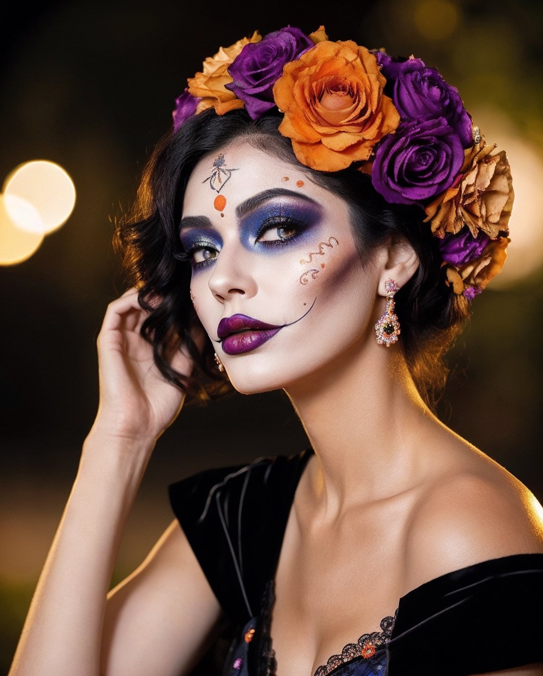 (Best quality, 8k, 32k, Masterpiece, UHD:1.2),  full body potrait of a woman with Catrina makeup, dia de los muertos, white make up, orange, black makeup, emulating a skull with the make up, orange flowers as ornament in hair, many orange flowers, wearing a gown,  and attractive features, eyes, eyelid,  focus, depth of field, film grain,, ray tracing, ((contrast lipstick)), slim model, detailed natural real skin texture, visible skin pores, anatomically correct, night, cemetary background,  Catrina