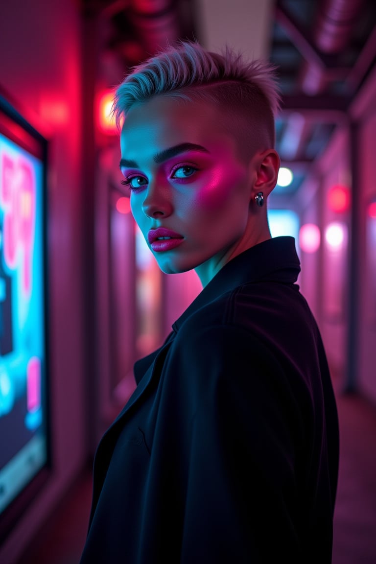 A dimly lit alleyway, neon hues from holographic advertisements casting a soft glow on a mysterious woman's striking features. She stands tall, piercing eyes and bold lips painted with neon pink lipstick and pink neon eyeshadows drawing attention. Her avant-garde hairstyle and cyberpunk-inspired makeup accentuate her angular face amidst the eerie haze of urban decay.