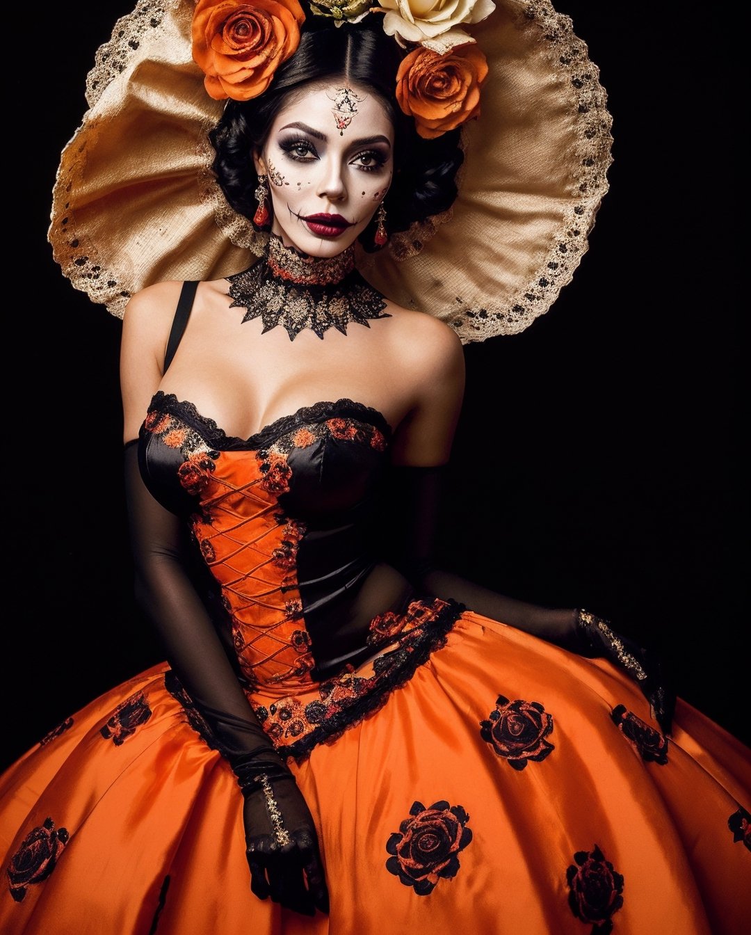 (Best quality, 8k, 32k, Masterpiece, UHD:1.2),  full body potrait of a woman with Catrina makeup, dia de los muertos, white make up, orange, black makeup, emulating a skull with the make up, orange flowers as ornament in hair, many orange flowers, wearing a gown, gloves  and attractive features, eyes, eyelid,  focus, depth of field, film grain,, ray tracing, ((contrast lipstick)), slim model, detailed natural real skin texture, visible skin pores, anatomically correct, night, cemetary background,  Catrina