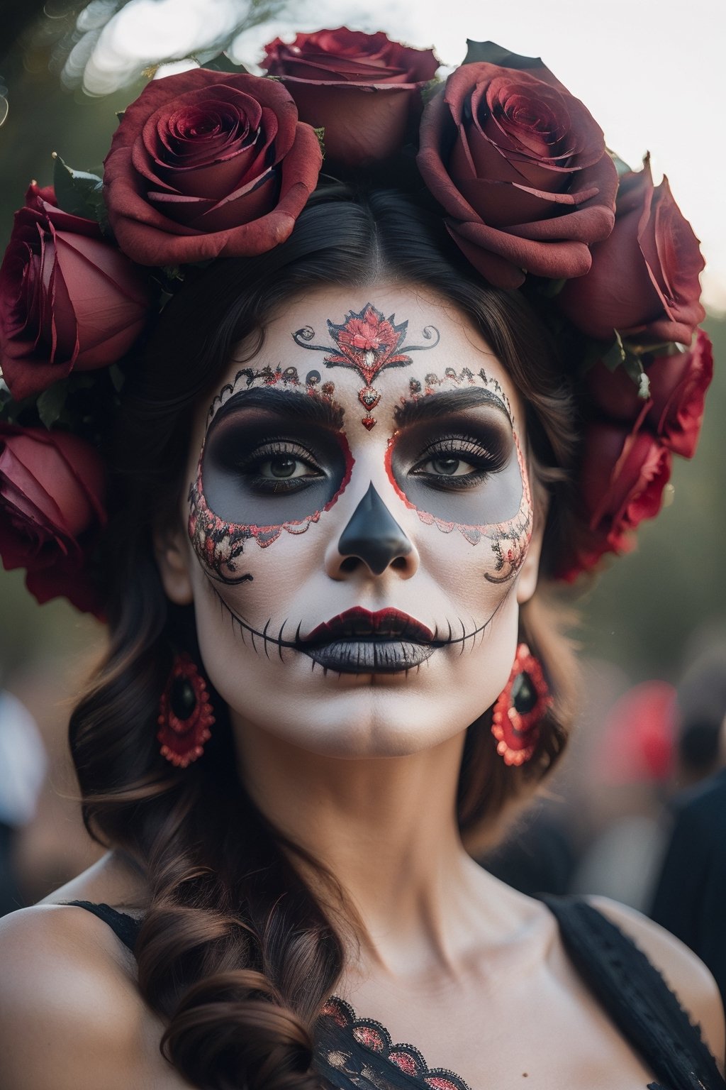 (Best quality, 8k, 32k, Masterpiece, UHD:1.2),   a woman in a red hat with black roses on her head, dia de los muertos, red dress and make up, dia de los muertos make up, ((dia de los muertos)), looking aside, and attractive features, eyes, eyelid, focus, depth of field, film grain, ray tracing, ((contrast lipstick)), slim model, detailed natural real skin texture, visible skin pores, anatomically correct, (midnight), moonlight cemetary background, Catrina,(PnMakeEnh)