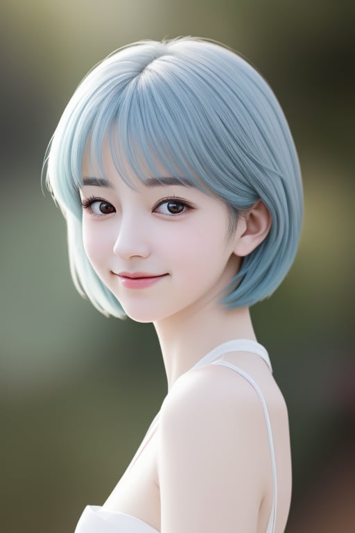 Rei Ayanami is pictured from the front in a close-up. Her long, pale blue hair falls softly to her shoulders, and her facial expression shows remarkable serenity and tenderness. Her big, bright eyes are slightly narrowed, conveying calm and sweetness. A small smile appears on her lips, reflecting a delicate and serene joy. The background of the image is soft and blurred, highlighting the presence of Rei in the center of the composition.