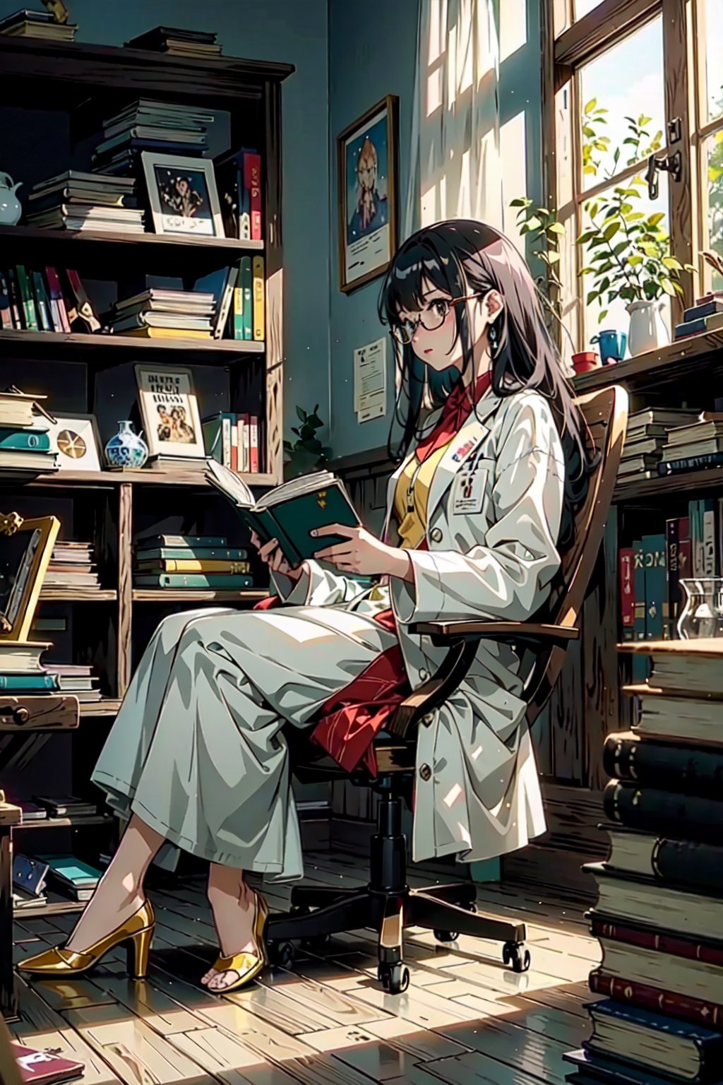 1female, cinematic lighting, movie angle shot, beautiful women researcher sit on chair reading a book, a lot of book on background, sunlight, stack of books, white lab coat, anime style, she focused on reading, messy room, , wooden chir, wooden_floor, wooden room ,perfecteyes, glasses, reading book, focus, long beautiful hair