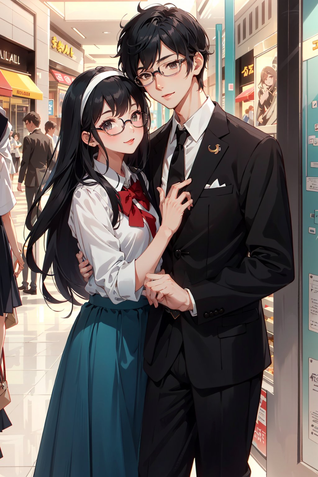 16K, HD, mastepiece, 2people, couple, tall calm school guy, short beautiful muslim girl wearing and long skirt, glasses, young, school uniform, mall date, romantic_duo, romance_theme, cute couple, detailed background detailed mouth, detailed face, happy face, 