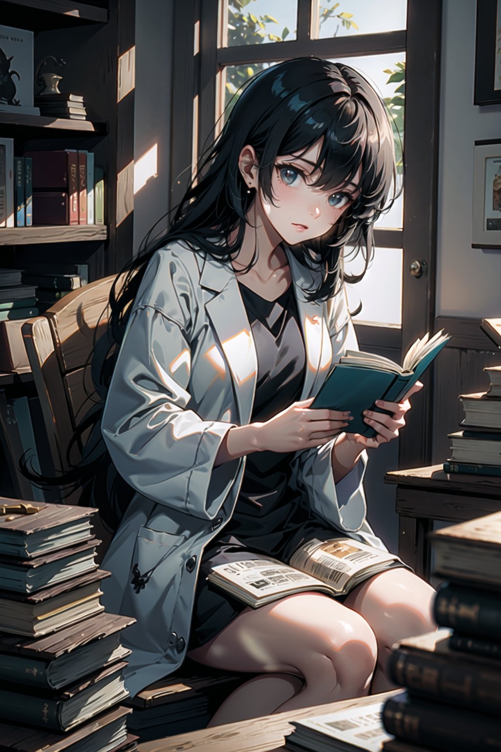 1female, cinematic lighting, movie angle shot, beautiful women researcher sit on chair reading a book, a lot of book on background, sunlight, stack of books, white lab coat, anime style, she focused on reading, messy room, hyper detailed, wooden chir, wooden_floor, wooden room ,perfecteyes