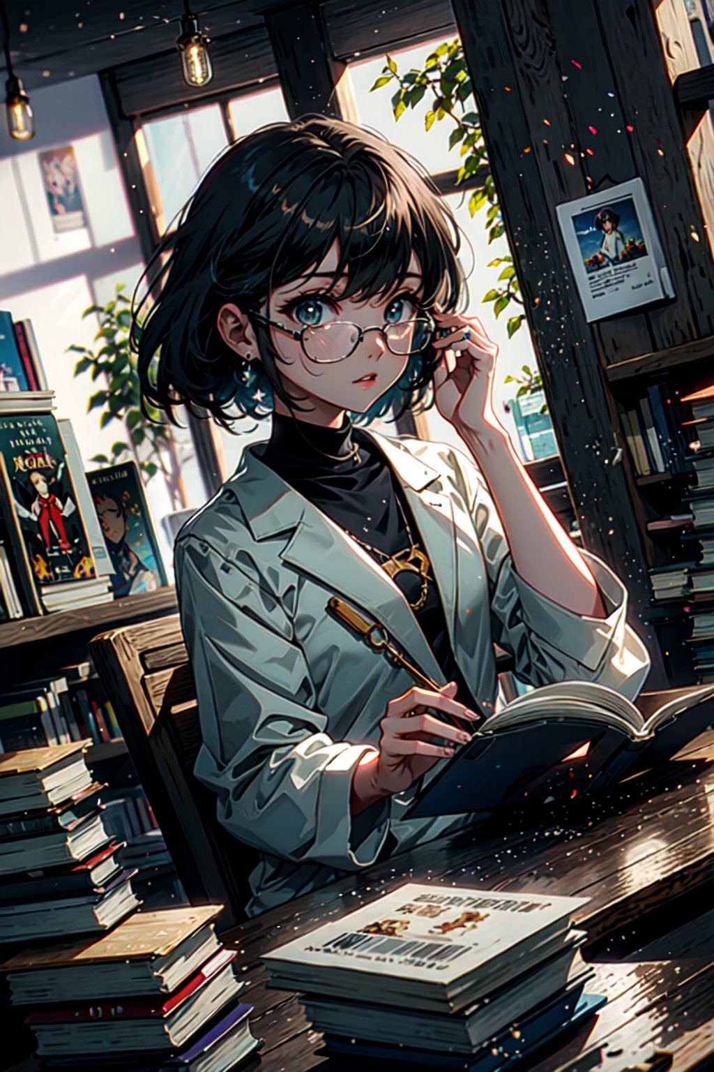 1female, cinematic lighting, movie angle shot, beautiful women researcher sit on chair reading a book, a lot of book on background, sunlight, stack of books, white lab coat, anime style, she focused on reading, messy room, hyper detailed, wooden chir, wooden_floor, wooden room ,perfecteyes, glasses, reading book, focus, long beautiful hands