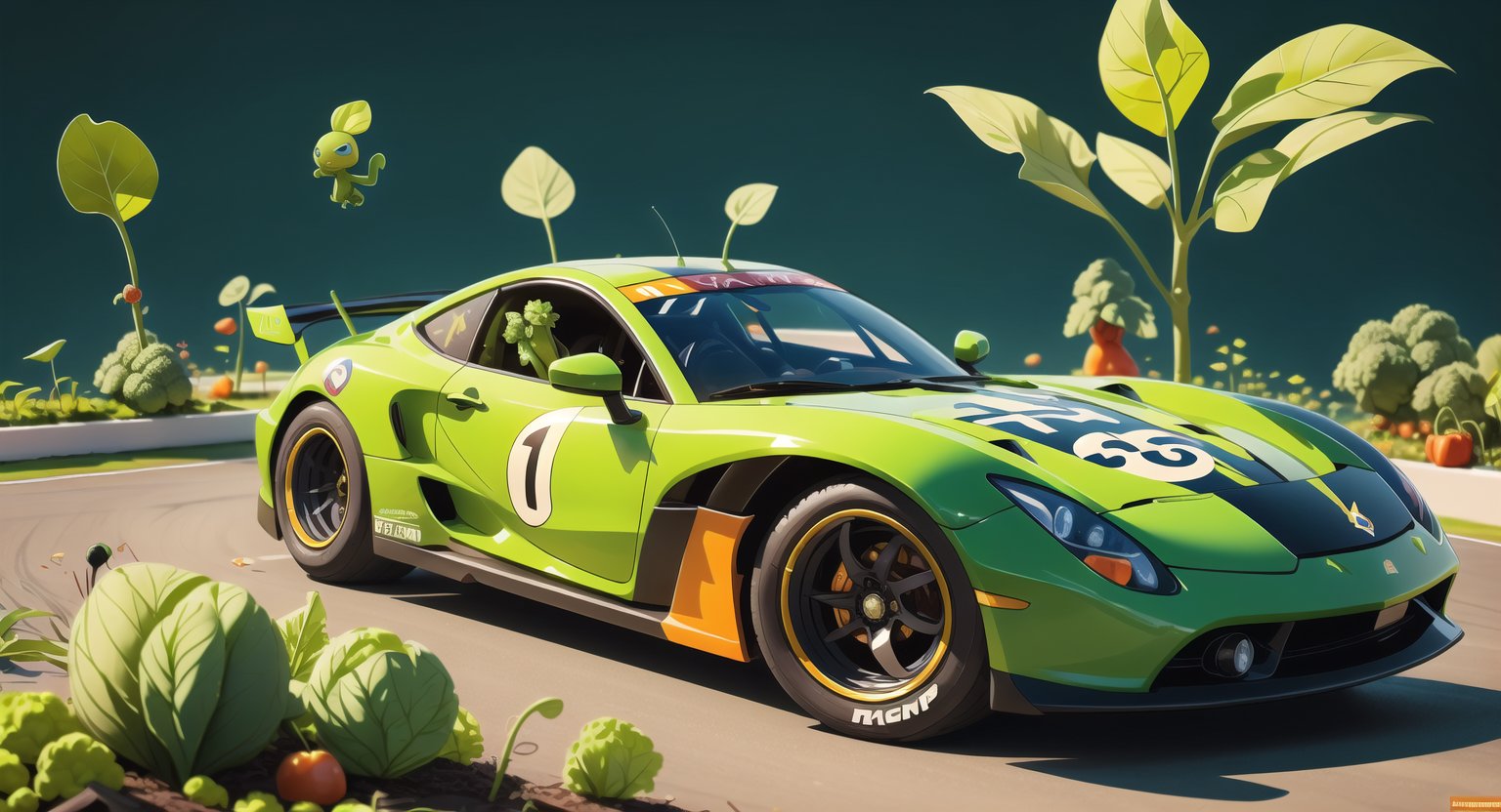 (high_res, masterpiece, ), ((mage):1.5) ,(long loose hair):1,6, cute pose, plant mage,(anthropomorphic vegetables:1.5), green mage dress ), vegetables competing in a race, racing car, intense race, ((racing track)), (vegetables running) no_humans, dress, detailed_background, 3d rendering, wizard cloak, forests, stadium