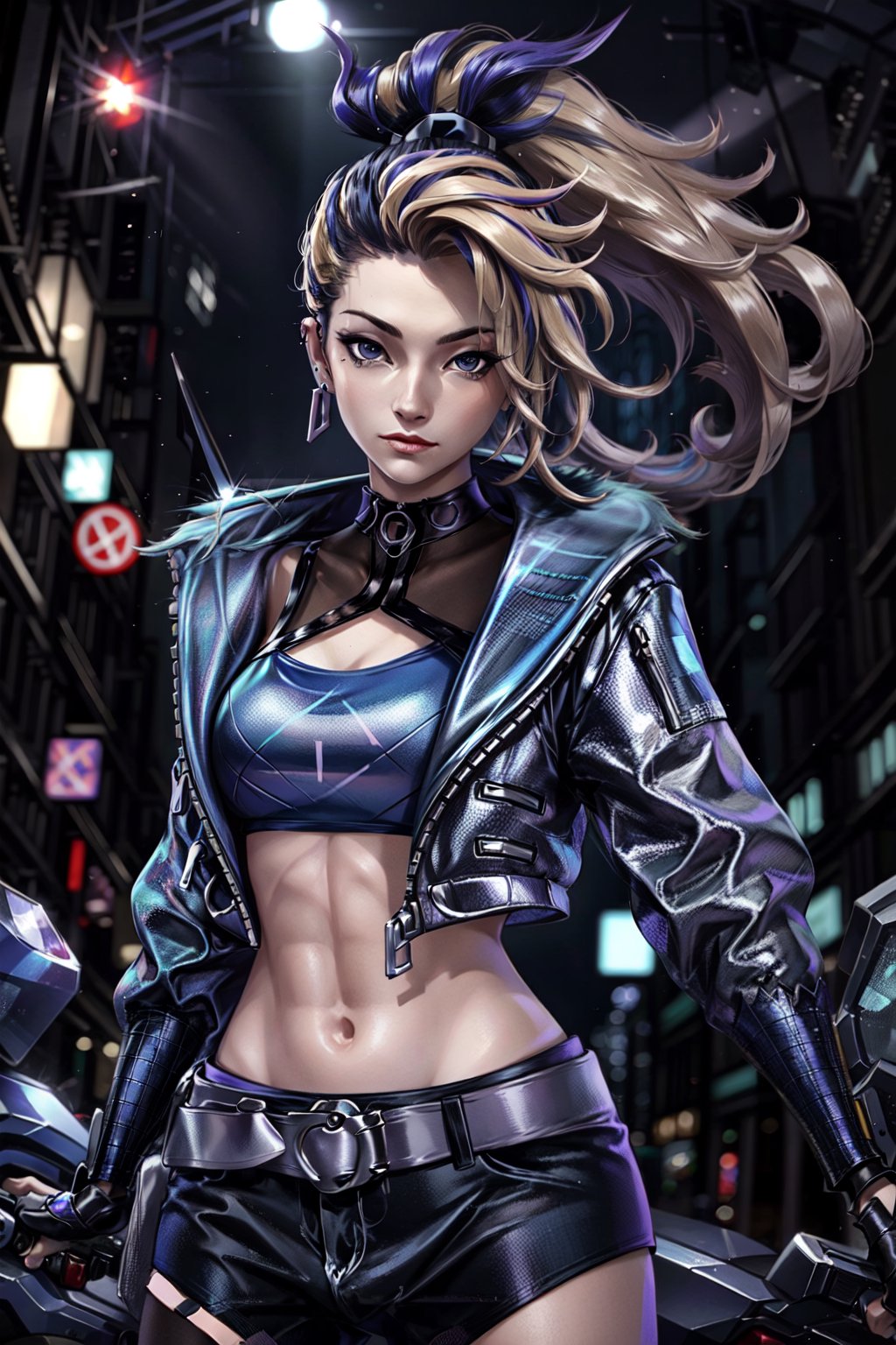 masterpiece, best quality, highres, , akali, 1girl, k/da \(league of legends\), solo, (black hair:1.1), blonde hair, (multicolored hair:1.1), jewelry, fingerless gloves, cropped jacket, midriff, earrings, two-tone hair, open jacket, black gloves, black pants, crop top, blue eyes, belt buckle, cowboy shot, beautiful face, city background , awesome pose,SilverWolfV5