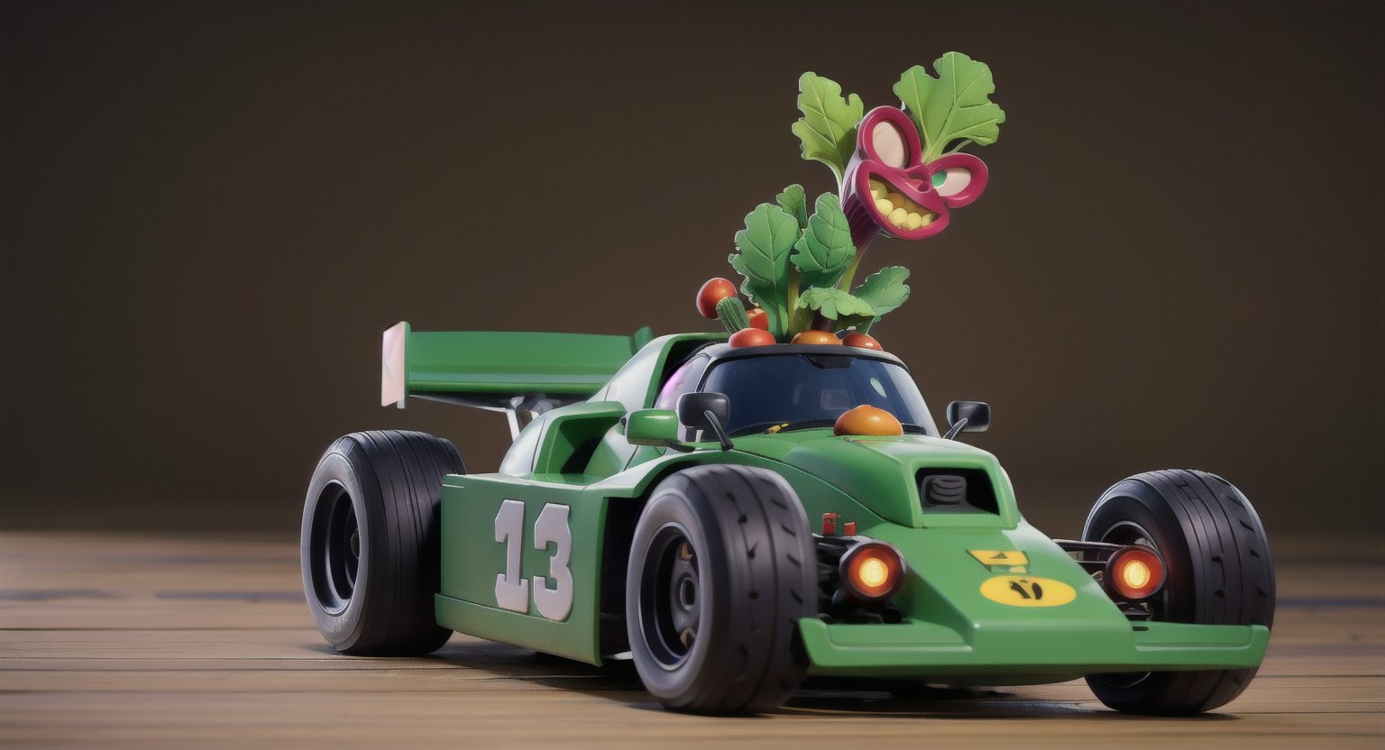 (high_res, masterpiece, (cinematic camera angle), (anthropomorphic vegetables:1.5), green mage dress ), vegetables competing in a race, racing car made from vegetable, intense race, ((racing track)),speed effect, burnout effect, no_human, dress, detailed_background, 3d rendering,  forests, stadium, buch of contestant, drifting, ,3DMM, cool camera angle